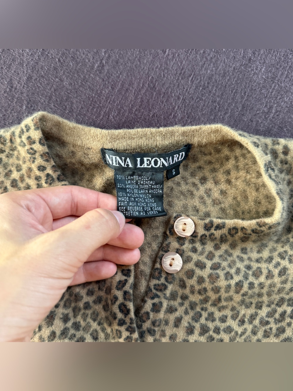 Vintage Nina Leonard Lambswool Angora Leopard Print Small Fit Cardigan S Button - Picture 5 of 7